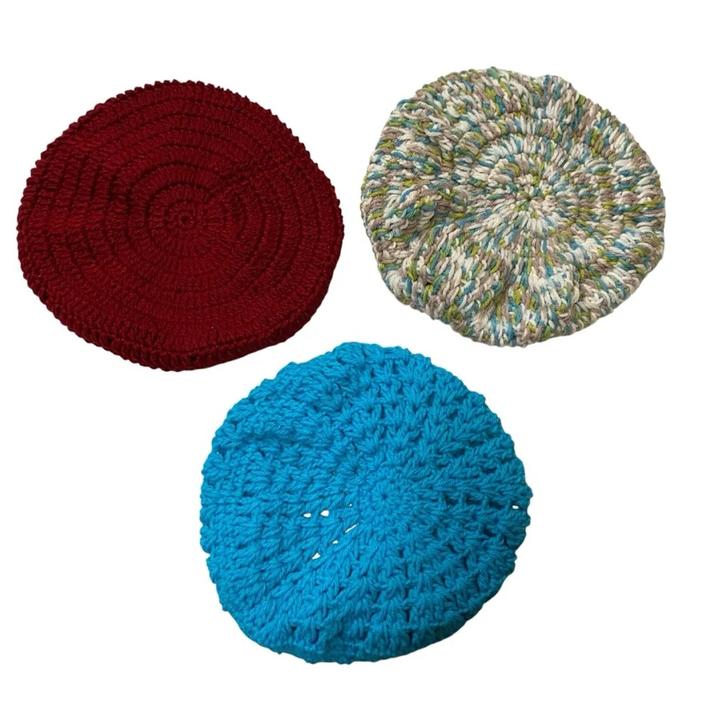 NEW Handmade Hand-knit Warm Wool Tams; Multicolor Colors Lot of 3